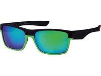 Cargar imagen en el visor de la galería, A pair of Sonnenbrille verspiegelt 400 UV with a sporty rectangular shape, black frames, colorful underside, and mirrored lenses in green-blue tint for reliable UV 400 protection.
