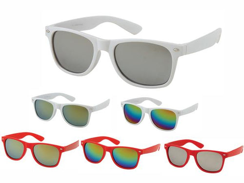 A display of Sonnenbrille rot weiß Nerdbrille in silver, gold, and rainbow-mirrored lenses with 400 UV protection, featuring white and red frames, arranged in two rows on a white background.