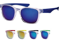 Load image into Gallery viewer, Five pairs of Sonnenbrille bunt verspiegelt 400 UV with transparent sporty frames and mirrored lenses are shown in solid blue, red, yellow, black, and green arms on a white background. Each offers UV-Schutz 400.
