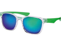Load image into Gallery viewer, A pair of Sonnenbrille bunt verspiegelt 400 UV with transparent frames, green arms, and blue-green mirrored lenses, shown against a white background.
