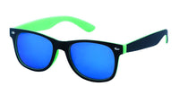 Load image into Gallery viewer, The Sonnenbrille Nerdbrille verspiegelt 400UV features retro black frames, neon green arms, and reflective blue lenses, displayed on a white background.
