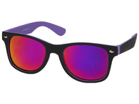 Cargar imagen en el visor de la galería, The Sonnenbrille verspiegelt schmal 400 UV Nerdbrille, a unisex black sunglasses with colorful arms and mirrored lenses reflecting red, orange, and purple hues, offers UV-Schutz 400 protection and is shown against a white background.
