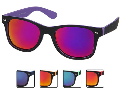The Sonnenbrille verspiegelt schmal 400 UV Nerdbrille schwarz innen bunt is a unisex black nerd-brille with reflective red-purple lenses and purple inner arms. Icons also show blue, orange, green, and red inner arm options. UV 400 protection included.