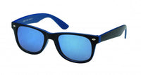 Load image into Gallery viewer, The Sonnenbrille Nerdbrille verspiegelt 400UV features a black exterior, colorful blue arms, and reflective blue lenses, shown against a white background.
