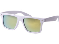 Cargar imagen en el visor de la galería, Die kantige Nerdbrille &quot;Sonnenbrille kantig Nerdbrille verspiegelt 400 UV unisex Tropfen&quot; mit weißem Rahmen und gelb-grün verspiegelten Gläsern (UV-Schutz 400) wird schräg vor schlichtem Hintergrund präsentiert.
