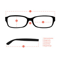 Cargar imagen en el visor de la galería, Diagramm zeigt Brillenmaße auf Deutsch: Rahmenbreite, Stegbreite, Glasbreite, Glashöhe, Bügellänge. Perfekt für die Sonnenbrille rund John Lennon Stil bunt verspiegelt 400UV Mandelverzierung. Rote Linien und Zahlen markieren Maße.
