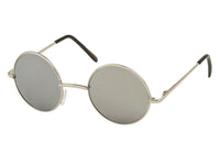 Cargar imagen en el visor de la galería, The Sonnenbrille Unisex Rund Hippie Brille John Lennon 400UV features round silver frames, reflective lenses, thin metal bridge, and black temple tips—reminiscent of classic John Lennon style—displayed on a white background.
