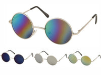 Cargar imagen en el visor de la galería, The Sonnenbrille Unisex Rund Hippie Brille John Lennon 400UV is a set of four round metal sunglasses, each with different colored reflective lenses: rainbow, blue, silver, and gold—retro style inspired by John Lennon.
