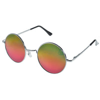 Cargar imagen en el visor de la galería, Die Sonnenbrille Unisex Rund Hippie Brille John Lennon 400UV überzeugt mit dünnem silbernem Rahmen und runden Gläsern im Farbverlauf von Gelb zu Pink vor weißem Hintergrund.
