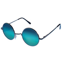 Cargar imagen en el visor de la galería, The Sonnenbrille Unisex Rund Hippie Brille John Lennon 400UV features thin, dark metal frames and blue-green gradient lenses in a classic round style, shown from a side angle on a white background.
