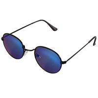 Cargar imagen en el visor de la galería, A pair of John Lennon Hippie Sonnenbrille with small oval-shaped, thin black metal frames and blue mirrored lenses, 400 UV protection, unisex, shown on a white background.
