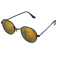 Cargar imagen en el visor de la galería, Die Sonnenbrille &quot;kleine Gläser John Lennon Hippie Brille&quot; mit dünnem schwarzem Metallrahmen, bunten verspiegelten Gläsern und 400 UV-Schutz ist eine stylische unisex Brille, präsentiert vor weißem Hintergrund.
