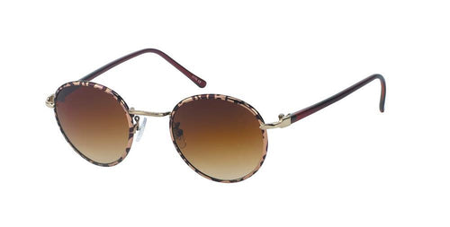 Sonnenbrille rund John Lennon mit dünnem Metallgestell, getönten 400UV-Gläsern und Retro-Muster. Tortoiseshell-Look, braune Verlaufsgläser, goldene Brücke, filigrane dunkle Bügel – stilvoll präsentiert vor weißem Hintergrund.