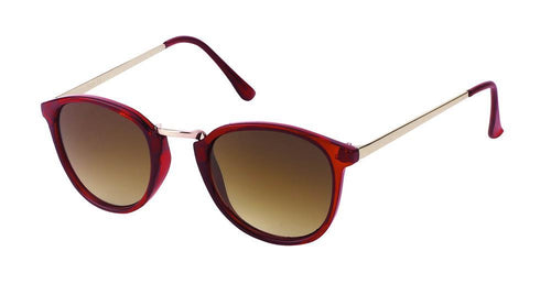 The Vintage Sonnenbrille rund Retro Steg gebogen 400UV Metallgestell John Lennon features a red round frame, brown gradient lenses, thin gold metal arms, and offers UV-Schutz 400. Displayed on a white background.