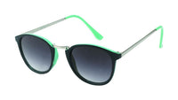 Load image into Gallery viewer, The Vintage Sonnenbrille rund Retro Steg gebogen 400UV Metallgestell John Lennon features large round black lenses, a black and neon green frame, silver metal arms with green tips, and offers UV-Schutz 400. Shown on a white background.
