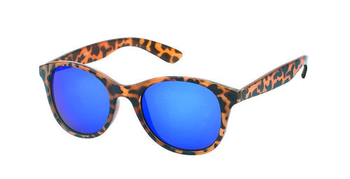 Sonnenbrille runde Gläser John Lennon 400UV Designerbrille Retro mit Tortoiseshell-Muster und blauen verspiegelten Gläsern, inspiriert von Retro-Designer-Brillen, auf weißem Hintergrund gezeigt.