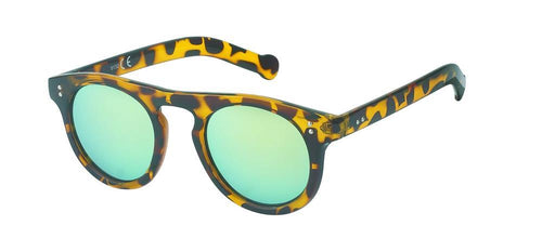 The Sonnenbrille rund John Lennon Style Punkte Vintage Retro 400UV Panto getigert features green-tinted mirrored lenses, thick curved arms, and classic Panto design, offering UV 400 protection—displayed on a white background.