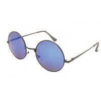 Cargar imagen en el visor de la galería, Sonnenbrille Unisex Rund Hippie Brille John Lennon 400UV: Round sunglasses with thin black frames and reflective blue lenses, shown angled on a white background.
