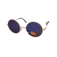 Cargar imagen en el visor de la galería, The Sonnenbrille Unisex Rund Hippie Brille John Lennon 400UV features round blue-tinted lenses, thin gold metal frames, black earpieces, and a small brown sticker on one lens—evoking classic John Lennon Brille style.
