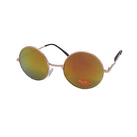Cargar imagen en el visor de la galería, Sonnenbrille Unisex Rund Hippie Brille John Lennon 400UV with gold metal frames and reflective orange lenses, shown at an angle on a white background. The left lens displays a small Ray Foster logo.
