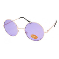 Cargar imagen en el visor de la galería, The Sonnenbrille Unisex Rund Hippie Brille John Lennon 400UV features thin gold frames, purple-tinted round lenses, black ear tips, and a small sticker on one lens for an authentic Hippie Brille look.
