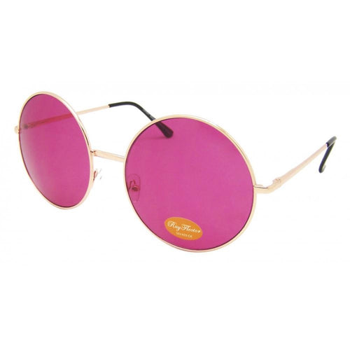 Glamour Sonnenbrille rund golden XL im John Lennon Stil: dünne goldene Rahmen, große pink getönte Oversize Gläser, schlanke Bügel mit schwarzen Enden, goldener Sticker auf dem Glas. Stilvoller UV400-Vintage-Schutz.
