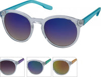 Cargar imagen en el visor de la galería, Clear-framed Sonnenbrille rund John Lennon transparent 400UV Schlüssellochsteg Retro verspiegelt with blue gradient lenses and blue arms. Three smaller images show vintage flair with purple, green, or orange arms and assorted lens tints.
