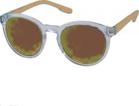 Cargar imagen en el visor de la galería, Sonnenbrille rund John Lennon transparent 400UV mit braun getönten Gläsern und tanfarbenen Bügeln, Retro-Stil mit Schlüssellochsteg und verspiegelten Gläsern, auf weißem Hintergrund.

