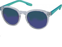 Cargar imagen en el visor de la galería, The Sonnenbrille rund John Lennon transparent 400UV Schlüssellochsteg Retro verspiegelt features transparent frames, mirrored blue lenses, and turquoise temples—bringing vintage John Lennon style to a modern look, shown on a white background.
