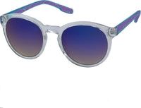 Cargar imagen en el visor de la galería, The Sonnenbrille rund John Lennon transparent 400UV Schlüssellochsteg Retro verspiegelt features clear frames, blue-to-purple gradient mirrored lenses, and blue patterned arms, displayed on a white background.
