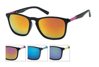 Cargar imagen en el visor de la galería, The Sonnenbrille Designer Retro schwarz offers mirrored lenses in orange, blue, or purple with pink or yellow colored temple accents. Enjoy stylish, unisex design and 400 UV protection from these eye-catching sunglasses.
