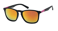 Cargar imagen en el visor de la galería, The Sonnenbrille Designer Retro schwarz Brille features black frames, colorful mirrored lenses, pink arm accents, and 400 UV protection, shown on a white background.
