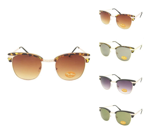 Five pairs of Sonnenbrille Retro Vintage 400UV with golden metal browline frames are displayed, each featuring tinted lenses in brown, green, and purple gradients—all offering UV-Schutz 400—on a white background.