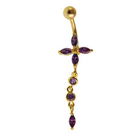 Load image into Gallery viewer, Bauchnabelpiercing golden Blüte lila Anhänger Kugel Edelstahl
