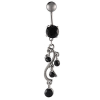 Load image into Gallery viewer, Bauchnabelpiercing silberfarben schwarze Steine Ranke S-Form Edelstahl
