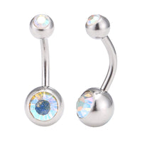 Load image into Gallery viewer, Bauchnabelpiercing Edelstahl silberfarben Stein weiß bunt schimmernd beide Kugeln
