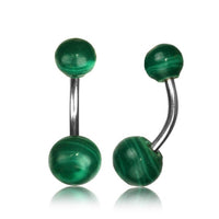 Cargar imagen en el visor de la galería, Malachit Bauchnabelpiercing Edelstahl Kugeln Stein grün gemasert
