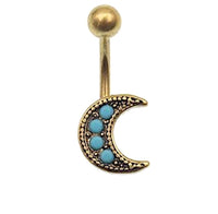 Load image into Gallery viewer, Bauchnabelpiercing Edelstahl Mond türkis gold
