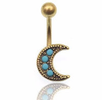 Load image into Gallery viewer, Bauchnabelpiercing Edelstahl Mond türkis gold
