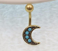 Load image into Gallery viewer, Bauchnabelpiercing Edelstahl Mond türkis gold
