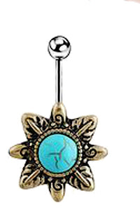 Load image into Gallery viewer, Bauchnabelpiercing Edelstahl Türkis gold Blume
