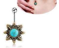 Load image into Gallery viewer, Bauchnabelpiercing Edelstahl Türkis gold Blume
