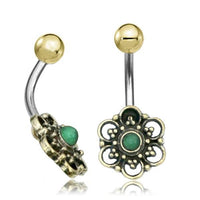 Load image into Gallery viewer, Bauchnabelpiercing Messing Edelstahl gold Blüte Jade
