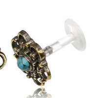 Load image into Gallery viewer, Labret Lippen Piercing Acryl Türkis Punkte Blume gold Brass
