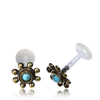 Load image into Gallery viewer, Labret Lippen Piercing Bio Acryl Türkis Kreise Blume antik golden Brass Tragus
