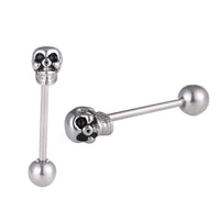 Load image into Gallery viewer, Straight Barbell Piercing Totenkopf schwarze Augen aus Edelstahl silberfarben Kugel

