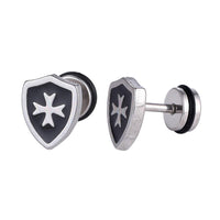 Load image into Gallery viewer, Fake Piercing Expander silberfarben Wappen weißes silbernes kreuz Schaubverschluss Edelstahl
