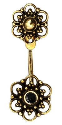 Load image into Gallery viewer, Messing Ohrstecker antik golden Ear Jacket Blumen Türkis Onyx Doppelohrstecker
