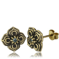 Load image into Gallery viewer, Messing Stein Kristall Ohrstecker gold Blume antik 10mm
