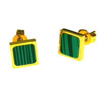 Load image into Gallery viewer, Ohrstecker Edelstahl Gold PVD Malachit eckig 8mm
